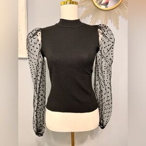 Chic Black Blouse with Sheer Polka Dot Puff Sleeves